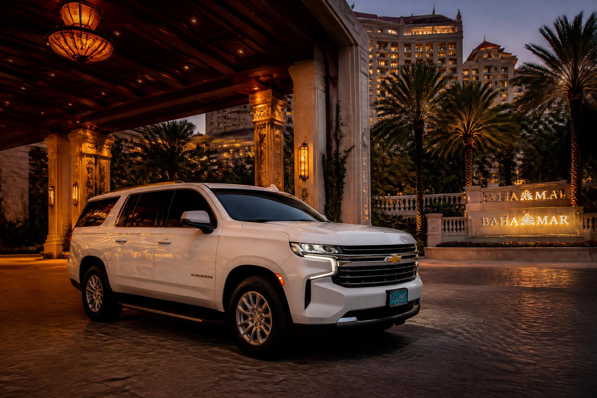 White 2021 Chevrolet Suburban LT at Baha Mar resort, Nassau, Bahamas